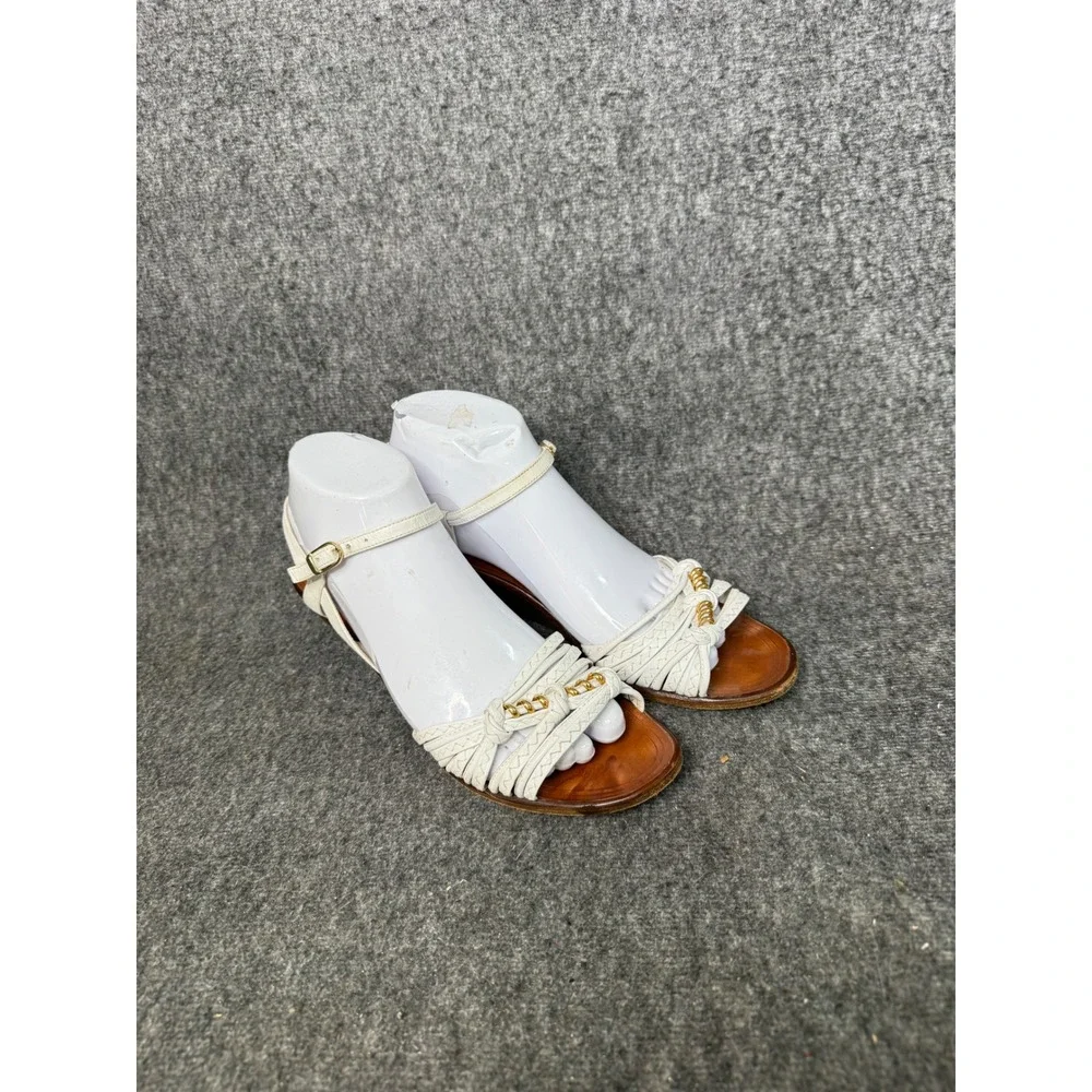 Sesto Meucci White Leather Braided Gold Chain Wedge Ankle Strap Wood Heel 8.5 AA